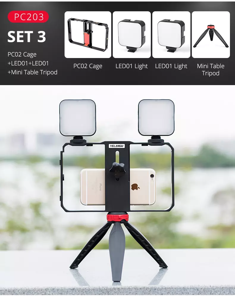 YELANGU PC203 Vlogging Live Broadcast LED Selfie Light Smartphone Video Rig Kit mit Stativ