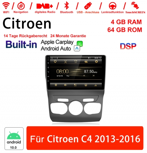 10 pouces Android 10.0 Autoradio / Multimedia 4 Go de RAM 64 Go de ROM pour Citroen C4 2013-2016 Built-in Carplay