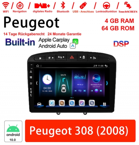 9 Zoll Android 10.0 Autoradio / Multimedia 4GB RAM 64GB ROM Für Peugeot 308 2008 Built-in carplay/android auto