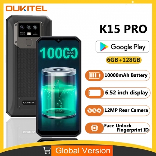 Oukitel K15 Pro 8 Core Android 11 6.52'' FHD Display 6+128GB 10000mAh 48MP Triple Caméras Arrière + Version Globale NFC Face ID Smartphone