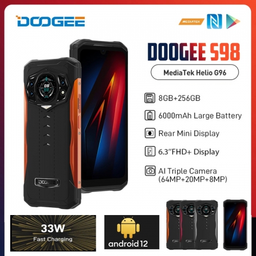DOOGEE S98 Android 12 Helio G96 8 Core 6,3 pouces Téléphone robuste 8Go RAM 256Go ROM 64MP 6000mAh smartphones Prise en charge des OTG /FM /NFC...