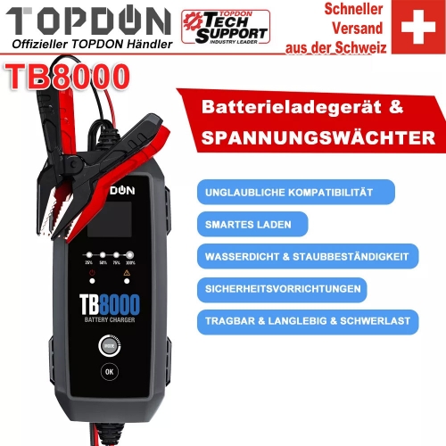 TOPDON TB8000 battery charger for AGM, LI, WET, GEL, MF, CAL, EFB, and other battery types