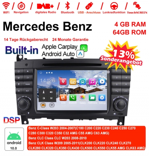 7" Android 10.0 Autoradio 4 Go de RAM 64 Go de RAM pour Classe C W203 2004-2007 Clk W209 2005 A-w168 1998 2002 Clk-c209 Carplay / Android Auto intégré