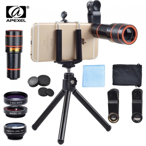 APEXEL APL-HS12XDG3ZJ Universal 6 in 1 stativ 12X Zoom Teleskop Fisheye Weitwinkel Makro Objektiv Für iPhone 6 7 Samsung S8 S7 android smartphone