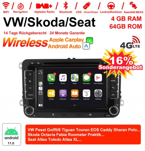 7 "Android 11.0 4G LTE Autoradio / Multimédia 4GB RAM 64GB ROM pour VW GOLF JETTA POLO Touran COS, Skoda Fabia Octavia Carplay intégré/ Android Auto