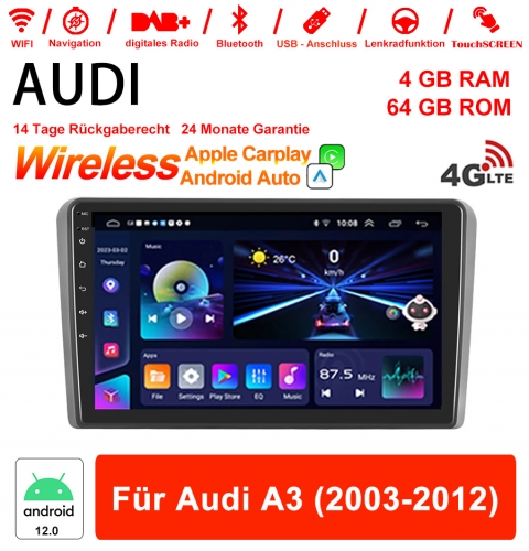 9 pouces Android 12.0 4G LTE Autoradio / Multimedia 4 Go de RAM 64 Go de ROM pour Audi A3 2003-2012 Built-in Carplay