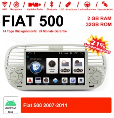 6.2 Inch Android 10.0 Car Radio / Multimedia 2GB RAM 32GB ROM For Fiat 500 2007-2011 With WiFi NAVI Bluetooth USB Built-in Carplay /Android Auto White