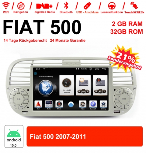 6.2 Zoll Android 10.0 Autoradio / Multimedia 2GB RAM 32GB ROM Für Fiat 500 2007-2011 Mit WiFi NAVI Bluetooth USB Built-in Carpla /Android Auto Weiß