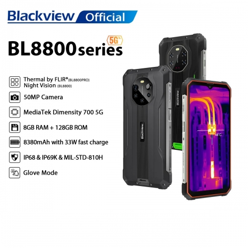 Blackview BL8800 Pro Smartphone à Vision Nocturne Dimensity700 6.58" IPS 8GB RAM 128GB ROM Caméra d'Imagerie Thermique Téléphone