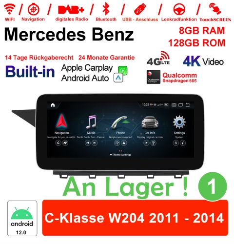 Qualcomm Snapdragon 665 8 Core Android 12 4G LTE Autoradio / Multimédia 8Go RAM 128Go ROM pour Benz C-Klasse W204 2011-2014 NTG4.5 CarPlay intégre