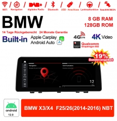 12.3 Inch Qualcomm Snapdragon 665 8 Core Android 12.0 4G LTE Car Radio / Multimedia USB Carplay For BMW X3/X4 F25/26 (2014-2016) NBT