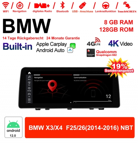 12.3 Zoll Qualcomm Snapdragon 665 8 Core Android 12.0 4G LTE Autoradio / Multimedia USB Carplay Für BMW X3/X4 F25/26 (2014-2016) NBT