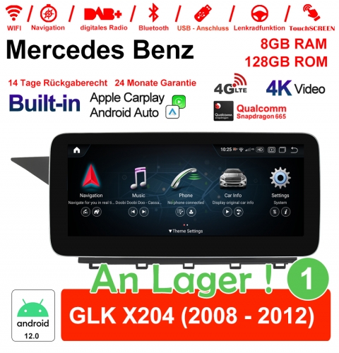 Qualcomm Snapdragon 665 8 Core Android 12 4G LTE Autoradio/Multimédia 8Go RAM 128Go ROM pour Benz GLK X204 2008-2012 NTG4.0 CarPlay intégré