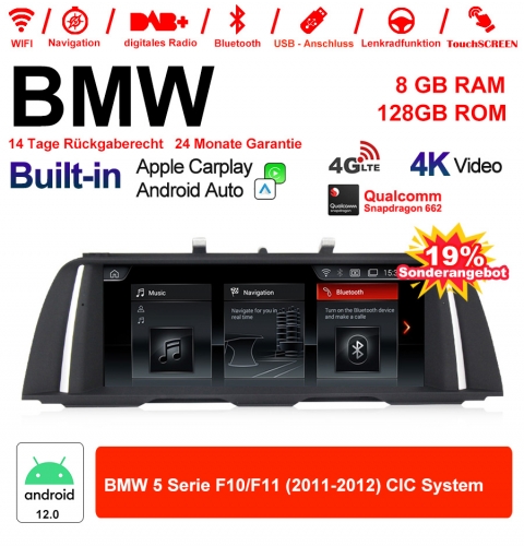 10.25 Zoll Qualcomm Snapdragon 665 8 Core Android 12.0 4G LTE Autoradio / Multimedia USB WiFi Navi Carplay Für BMW 5 Series F10 / F11 2011-2012 CIC