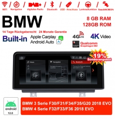 10.25" Qualcomm Snapdragon 665 Android 12.0 4G LTE Autoradio / Multimédia USB WiFi Navi Carplay Pour BMW 3/4 Series (2018)  EVO