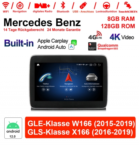 9'' Snapdragon 665 8 Core Android 12 4G LTE Autoradio/Multimédia 8Go RAM 128Go ROM pour Benz Classe GLE W166/Classe GLS X166 NTG5.0 CarPlay intégré