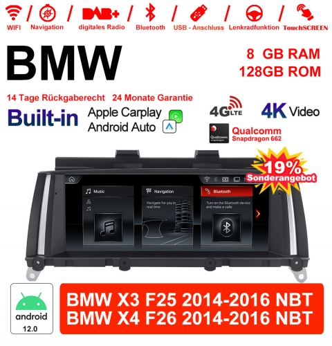 8.8" Qualcomm Snapdragon 665 Android 12.0 4G LTE Autoradio / Multimédia USB WiFi Navi Carplay Pour BMW X3/X4   F25/26(2014-2016)NBT