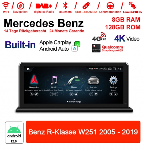 8.8 pouces Snapdragon 665 8 Core Android 12 4G Autoradio/ Multimédia 8Go RAM 128Go ROM pour Benz R-Klasse W251 2005-2017 CarPlay intégré