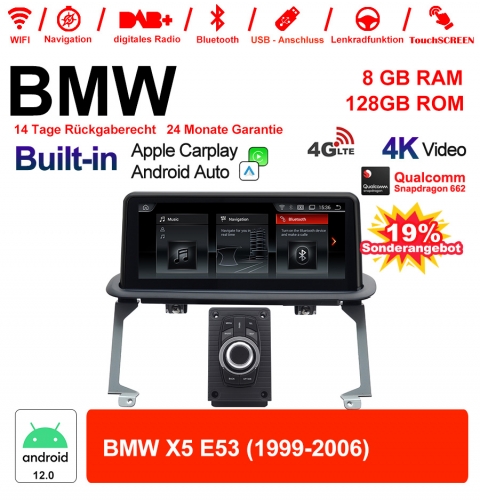 10.25 inch Qualcomm Snapdragon 662 8 Core Android 12.0 4G LTE Car Radio / Multimedia USB WiFi Carplay For BMW X5  E53  (1999-2006)