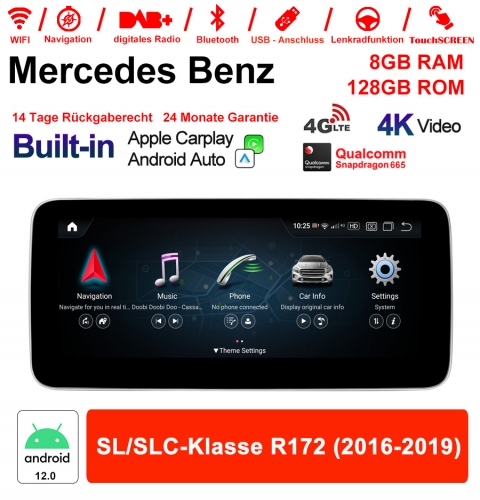 9 pouces Snapdragon 665 8 Core Android 12 4G Autoradio/ Multimédia 8Go RAM 128Go ROM pour Benz Classe SL/SLC R172 2016-2019 NTG5.0 CarPlay intégré