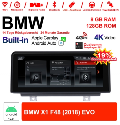 10.25 inch Qualcomm Snapdragon 665 8 Core Android 12.0 4G LTE Car Radio / Multimedia USB WiFi Carplay For BMW X1 F48 (2018) EVO 