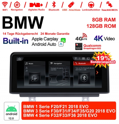 8.8" Qualcomm Snapdragon 665 Android 12.0 4G LTE Autoradio / Multimédia USB WiFi Navi Carplay Pour BMW 1 Serie/3 Serie/4 Serie 2018 EVO