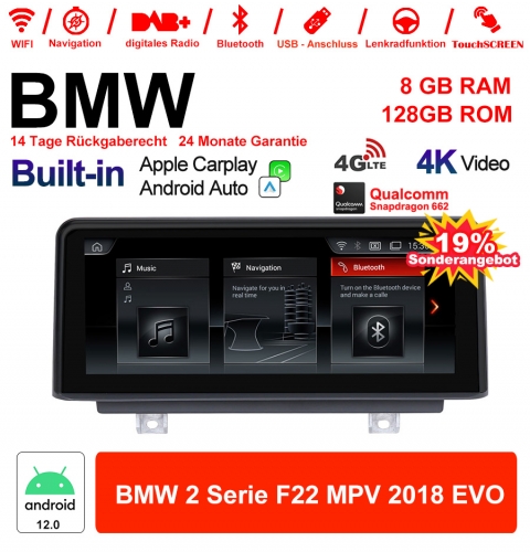 8.8 inch Qualcomm Snapdragon 665 8 Core Android 12.0 4G LTE Car Radio / Multimedia USB WiFi Carplay For BMW 2 Series MPV (2018) EVO