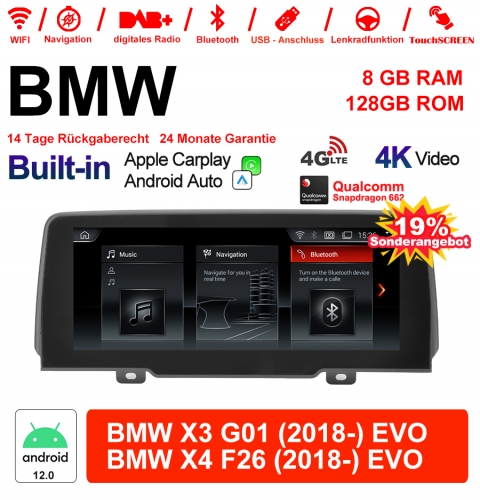 10.25 inch Qualcomm Snapdragon 665 8 Core Android 12.0 4G LTE Car Radio / Multimedia USB WiFi Carplay For BMW X3 G01/X4 F26(2018-) EVO
