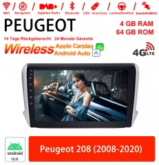 10 Zoll Android 12.0 4G LTE Autoradio / Multimedia 4GB RAM 64GB ROM Für Peugeot 208 (2008-2020)