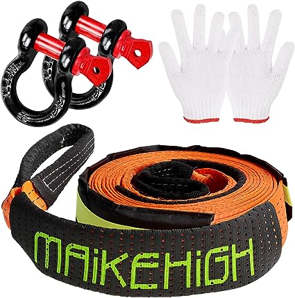 Tow Rope 5M x 5cm, 10 Ton Tow Rope Kit For Off-Road Recovery with 2 Reinforced Hooks, 2 Gloves