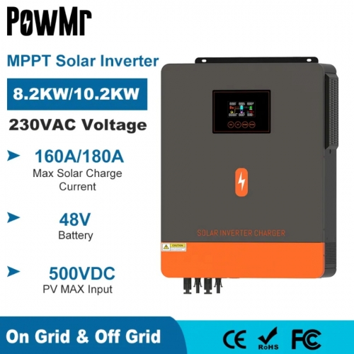 PowMr 10KW/8KW hybrid solar inverter 48V 230V on grid pure sine wave inverter MPPT 160A 180A solar charger