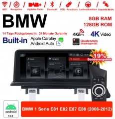 10.25 inch Qualcomm Snapdragon 665 8 Core Android 12.0 4G LTE Car Radio / Multimedia USB WiFi Carplay For BMW 1er E81 E82 E87 E88 (2006-2012)