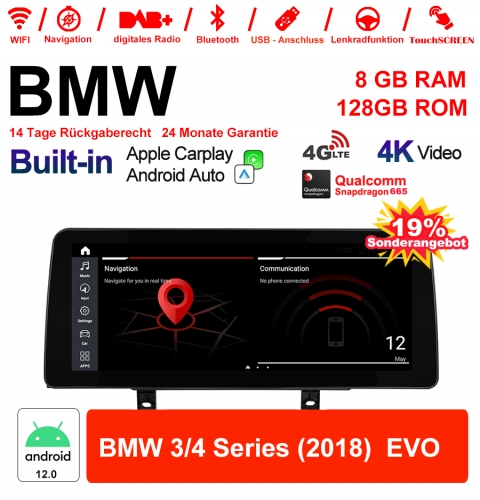 12.3 Inch Qualcomm Snapdragon 665 8 Core Android 12.0 4G LTE Car Radio / Multimedia USB Carplay For  BMW 3/4 Series (2018)  EVO With WiFi