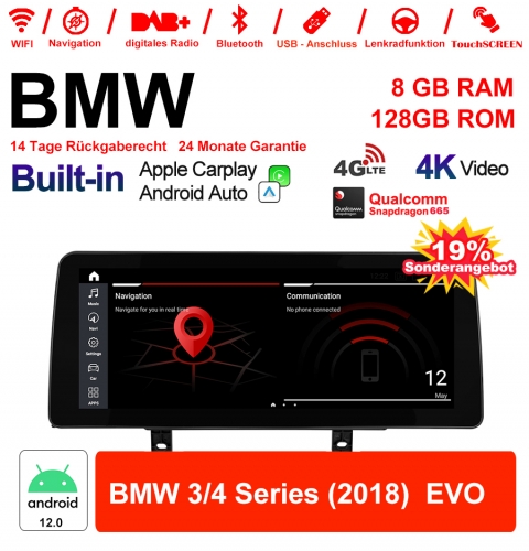 12.3 pouces Qualcomm Snapdragon 665 8 Core Android 12.0 4G LTE Autoradio / Multimédia USB Carplay Pour  BMW 3/4 Series (2018)  EVO avec WIFI