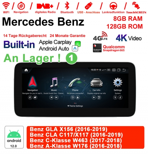 Qualcomm Snapdragon 665 Android 12 4G LTE Autoradio/Multimédia 8Go RAM 128Go ROM pour Benz GLA X156 CLA C117/X117 Classe C W463 Classe A W176 NTG5.0