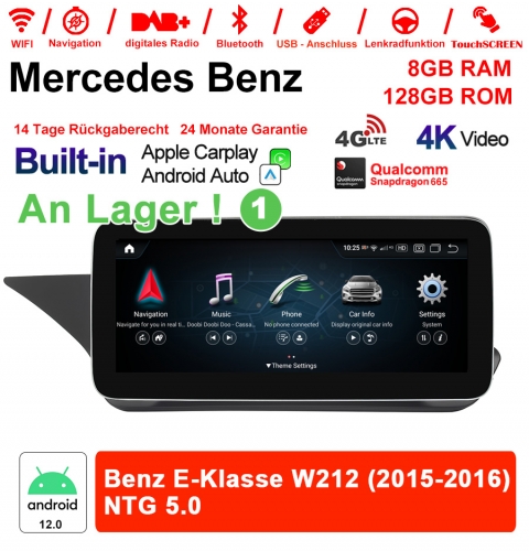 Qualcomm Snapdragon 665 8 Core Android 12 4G LTE Autoradio/Multimédia 8Go RAM 128Go ROM Pour Benz Classe E W212 2015-2016 NTG5.0 CarPlay intégré