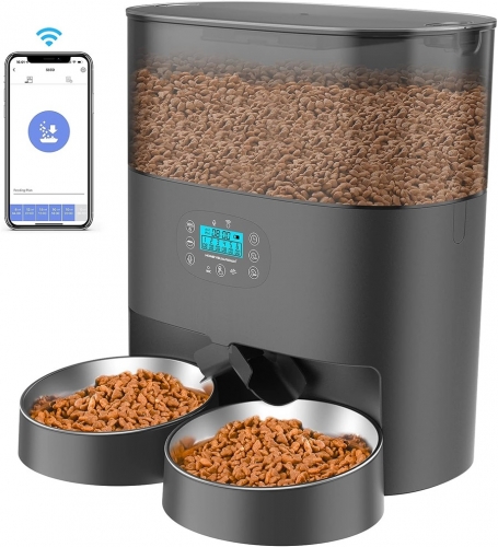 Automatic feeder for 2 cats with APP, 6L WiFi cat food machine with 2 bowls, time-controlled, 10s voice recording