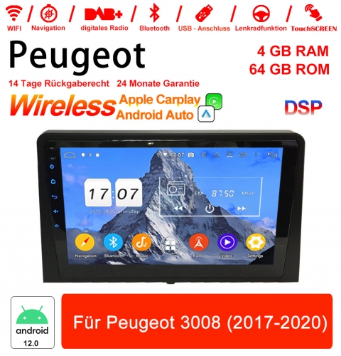 9 Zoll Android 12.0 Autoradio / Multimedia 4GB RAM 64GB ROM Für Peugeot 3008 (2017-2020) Mit WiFi NAVI Bluetooth USB