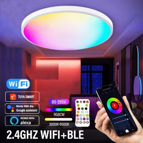 Plafonnier rond LED wifi intelligent RGBCW, intensité variable, compatible avec l'assistant Alexa et Google Tuya, pour chambre à coucher