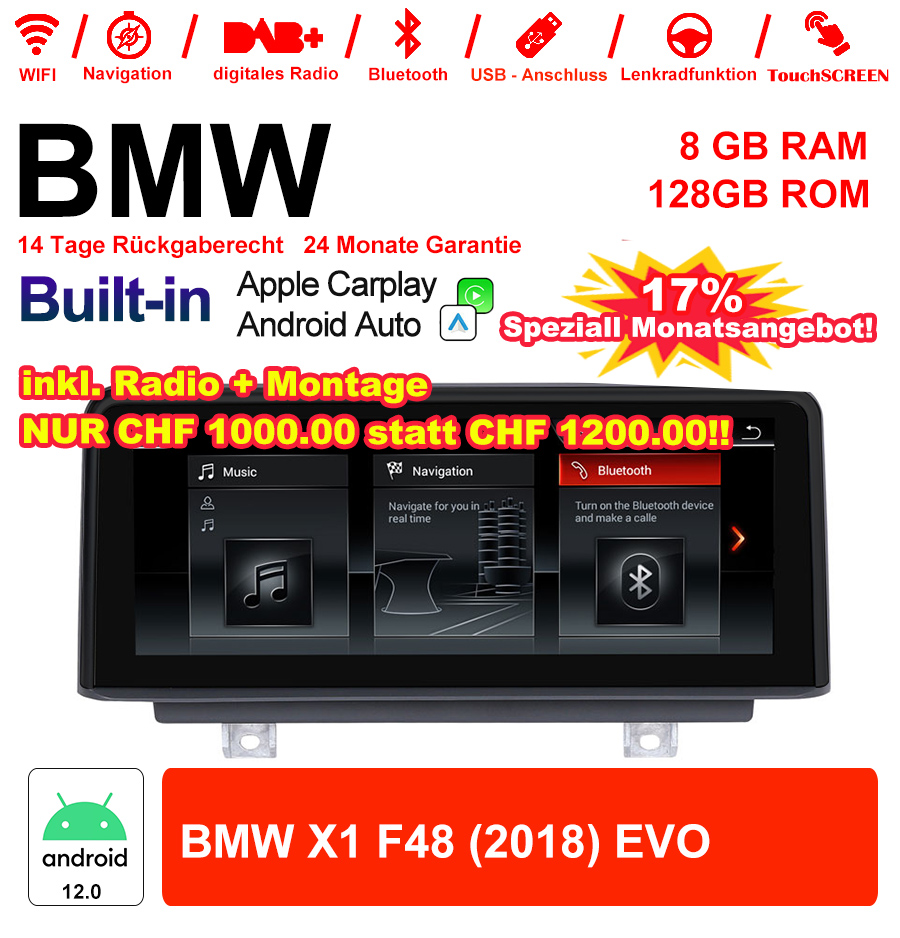 10.25" Qualcomm Snapdragon 665 Android 12.0 4G LTE Autoradio / Multimédia USB WiFi Navi Carplay Pour BMW X1 F48 (2018) EVO 