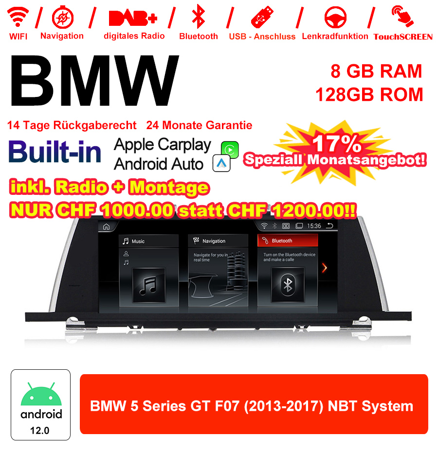 10.25 inch Qualcomm Snapdragon 665 8 Core Android 12.0 4G LTE Car Radio / Multimedia USB WiFi Carplay For BMW 5 Series F07 GT (2013-2017) NBT