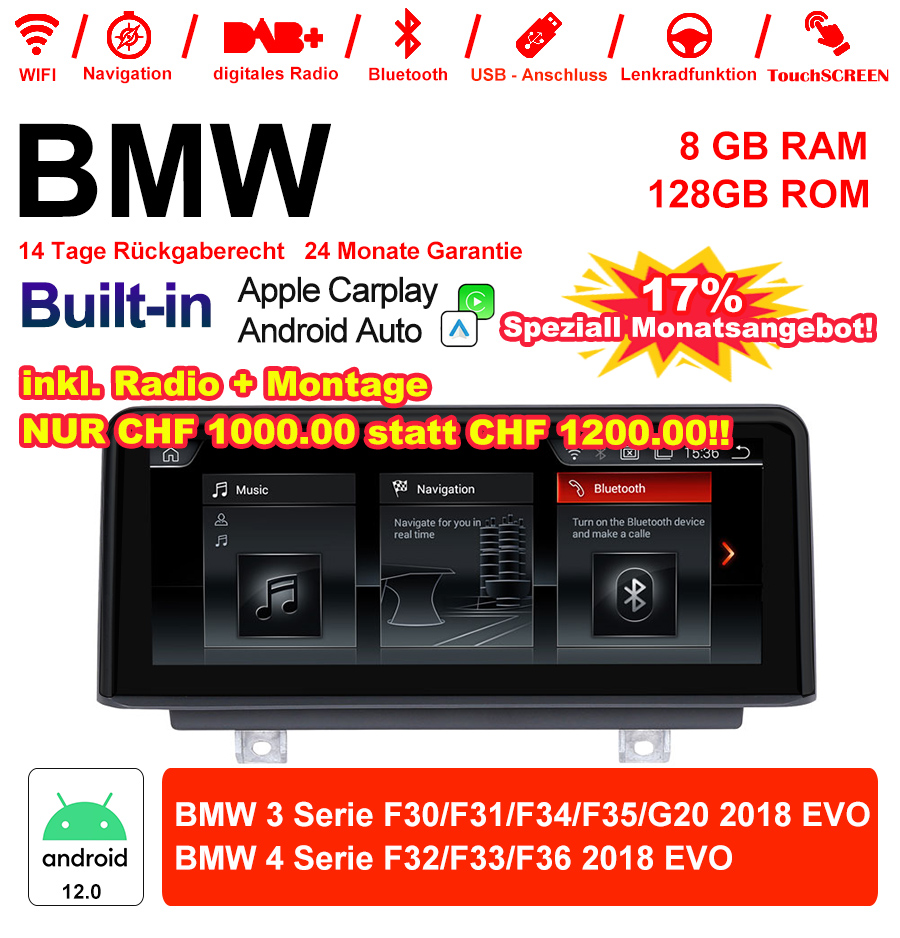 10.25" Qualcomm Snapdragon 665 Android 12.0 4G LTE Autoradio / Multimédia USB WiFi Navi Carplay Pour BMW 3/4 Series (2018)  EVO