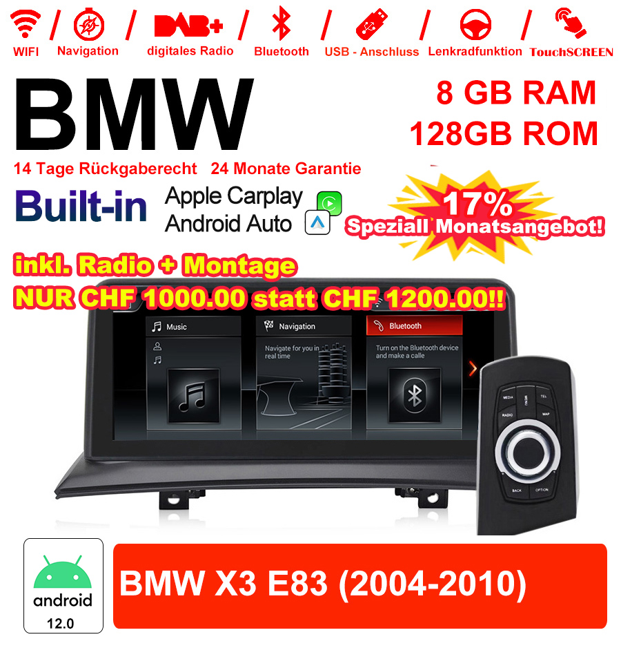 10.25" Qualcomm Snapdragon 665 Android 12.0 4G LTE Autoradio /Multimédia USB WiFi Navi Carplay Pour BMW X3 E83 (2004-2010) avec écran d'origine