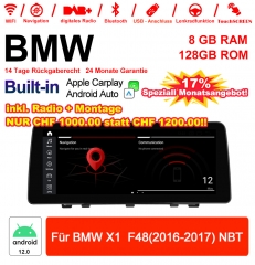 12.3 pouces Qualcomm Snapdragon 665 8 Core Android 12.0 4G LTE Autoradio / Multimédia USB Carplay Pour BMW X1  F48 (2016-2017) NBT avec WIFI