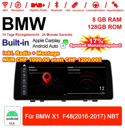 12.3 pouces Qualcomm Snapdragon 665 8 Core Android 12.0 4G LTE Autoradio / Multimédia USB Carplay Pour BMW X1  F48 (2016-2017) NBT avec WIFI