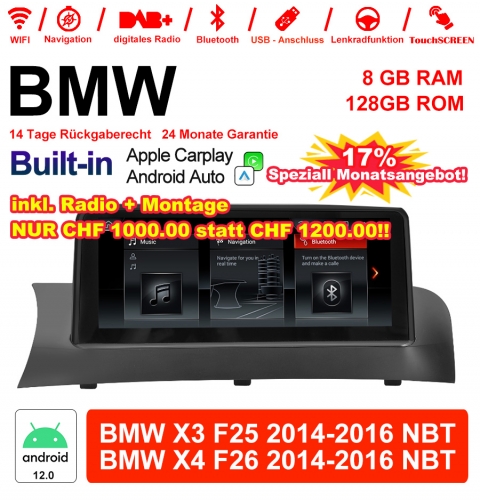 10.25 inch Qualcomm Snapdragon 665 8 Core Android 12.0 4G LTE Car Radio / Multimedia USB WiFi Carplay For BMW X3/X4   F25/26 (2014-2016) NBT