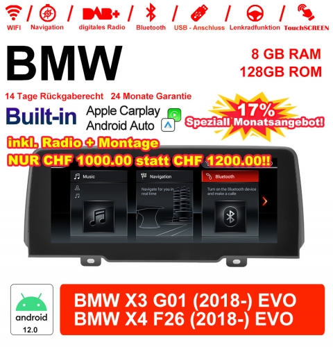 10.25" Qualcomm Snapdragon 662 Android 12.0 4G LTE Autoradio / Multimédia USB WiFi Navi Carplay Pour BMW X3 G01/X4 F26(2018-) EVO