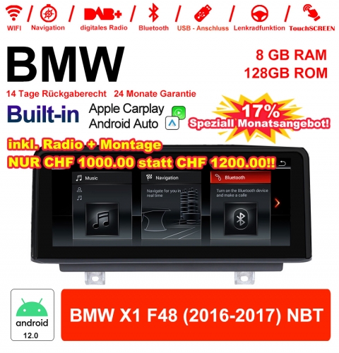 10.25 Zoll Qualcomm Snapdragon 665 8 Core Android 12.0 4G LTE Autoradio / Multimedia USB WiFi Navi Carplay Für BMW X1  F48 (2016-2017) NBT