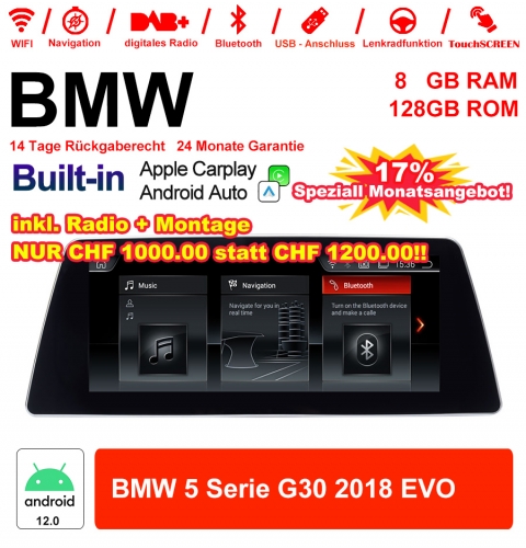 10.25 inch Qualcomm Snapdragon 665 8 Core Android 12.0 4G LTE Car Radio / Multimedia USB WiFi Carplay For BMW 5 Series G30 (2018) EVO