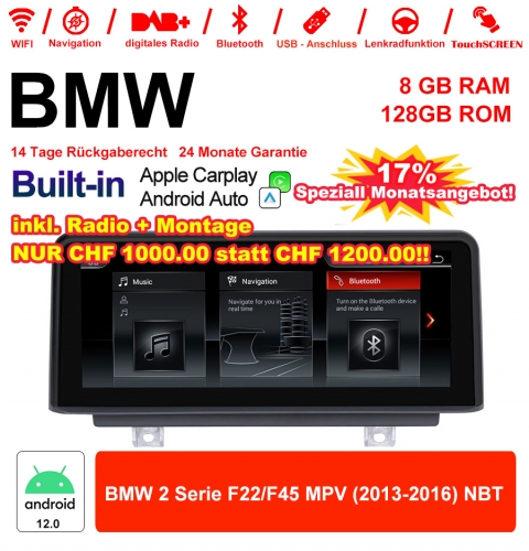 8.8" Qualcomm Snapdragon 665 8 Core Android 12.0 4G LTE Autoradio/Multimédia 8Go RAM 128Go ROM USB WiFi Carplay Pour BMW 2 Series F22/F45 MPV NBT